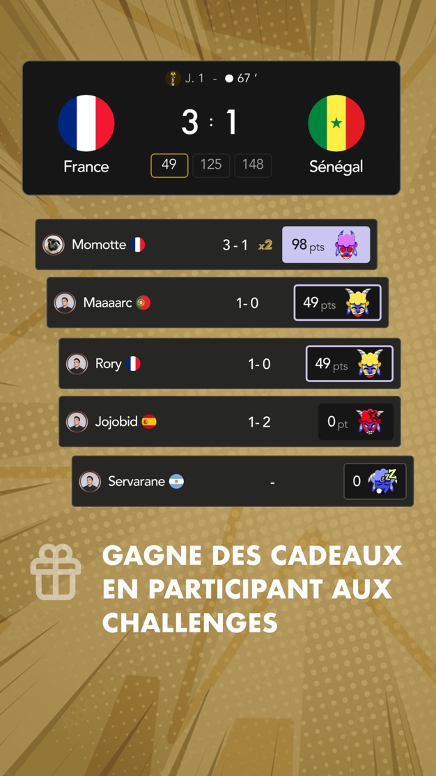 Classement de ligue Mon Petit Prono en direct pendant France – Sénégal : bonus x2 sur le score exact, points attribués à la 67e minute