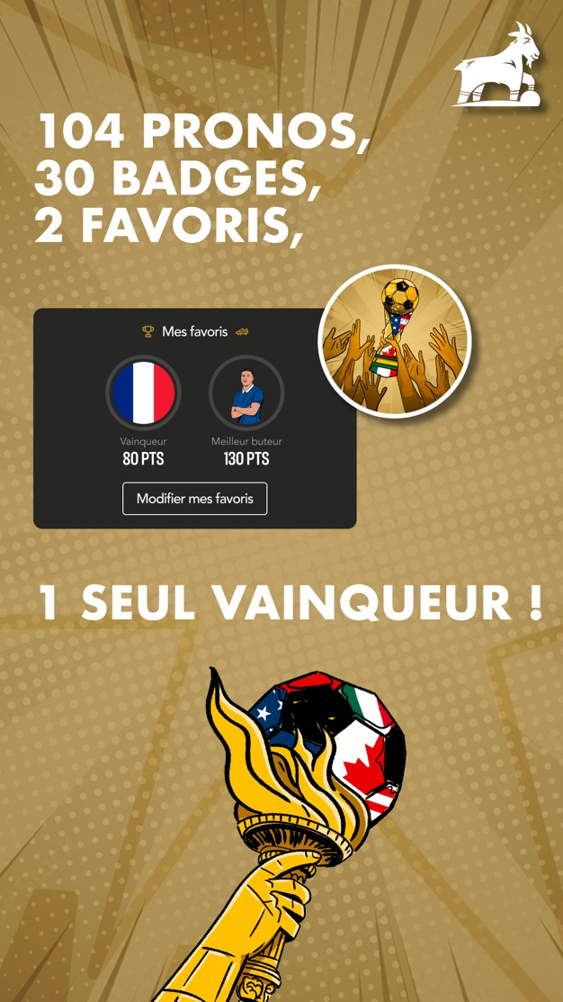 Écran Mes favoris de Mon Petit Prono : vainqueur de la Coupe du Monde 2026 (80 pts) et meilleur buteur (130 pts) à verrouiller avant le 11 juin