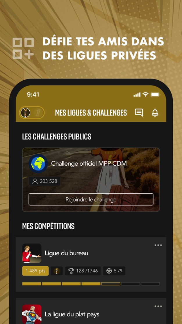 Écran Mes ligues et challenges de MPP : Challenge officiel MPP CDM avec 203 528 joueurs, ligues privées et challenges publics