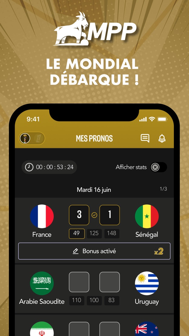 Écran Mes pronos de l'appli Mon Petit Prono : pronostic France 3-1 Sénégal, points par résultat (49, 125, 148) et bonus x2 activé
